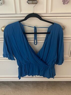 Mossimo Supply Co. Teal Blue Surplice Tie-Back Peplum Top